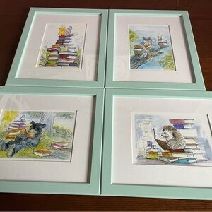 Mint Green Framed Art Set - Animals Reading - George Wills Art - Blacksburg, VA